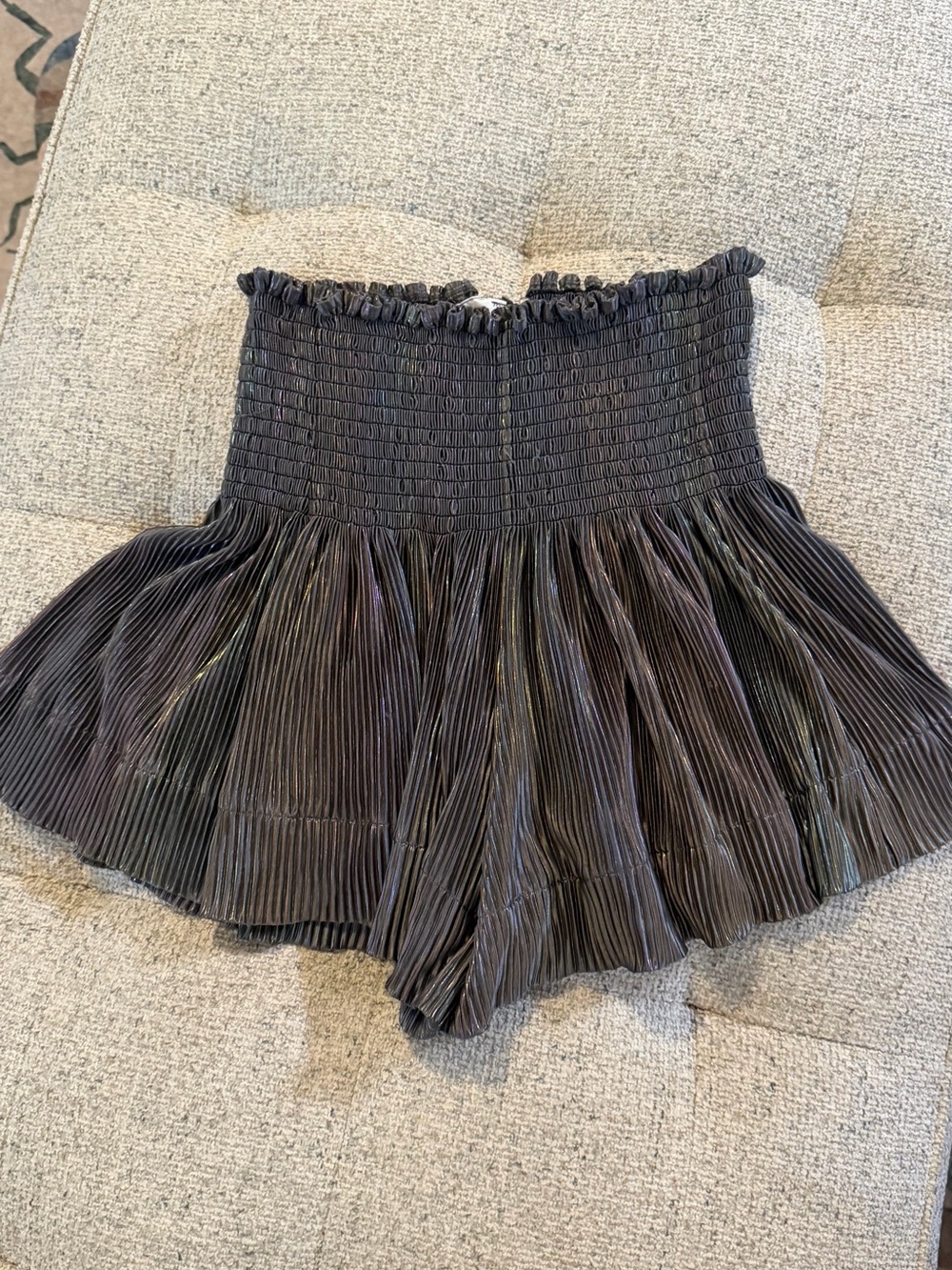 Queen of Sparkles xs Smocked Waist Pleated grey holographic shorts